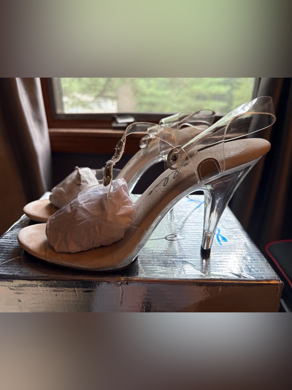 Ellie Clear PVC Stiletto Heels with Adjustable Ankle Strap. 4 1/2 in heel